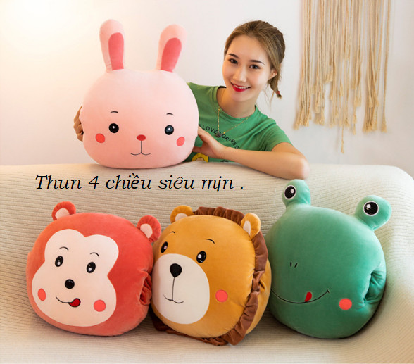 GỐI MỀN 3 in 1 hình thú cute Khỉ Ếch Thỏ Sư tử, thun 4 chiều siêu mịn, bộ chăn gối văn phòng tặng gương mini