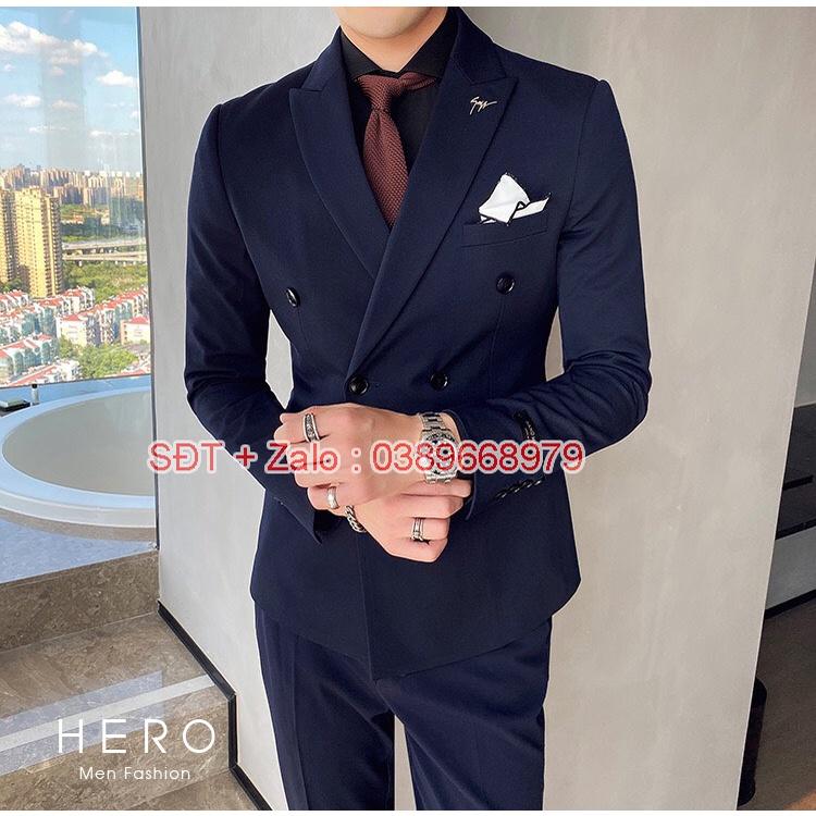 Bộ Vest Nam Cao Cấp 6 cúc Màu Xanh than, Bộ suit Nam 6 Cúc màu Tím than