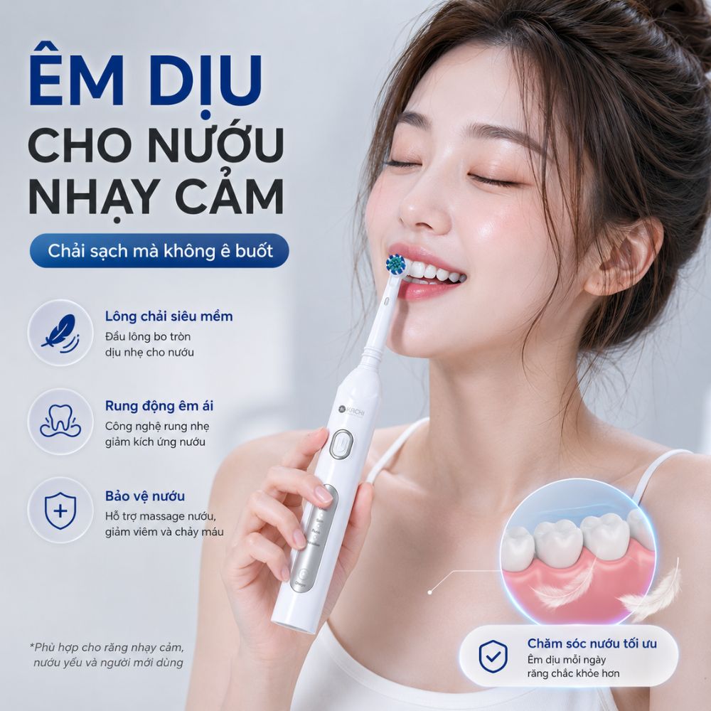 Bàn chải điện đầu xoay tròn Kachi MK361 kèm đế sạc không dây và 2 đầu bàn chải