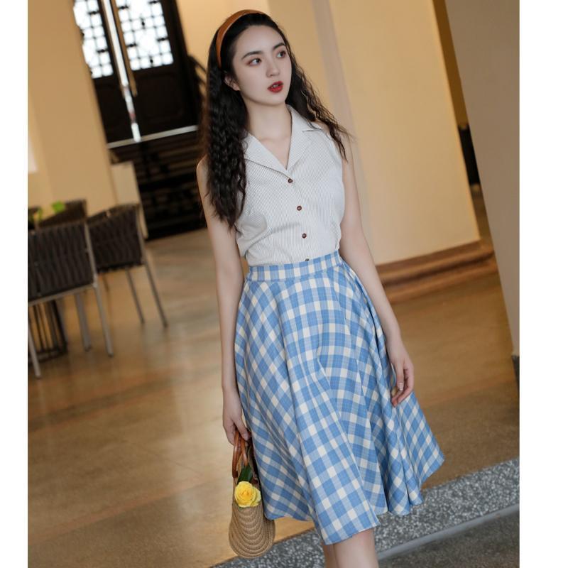 TOBE1SHOP Mùa hè năm 2025, váy kẻ caro màu xanh lá cây, váy chữ A, kiểu Pháp, thắt lưng, váy xòe, nữ tính.