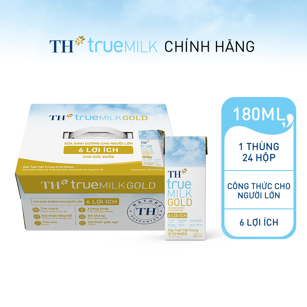 Thùng 24 hộp sữa tươi tiệt trùng vị tự nhiên TH true MILK GOLD dành cho người lớn tuổi 180ml (180ml x 24)