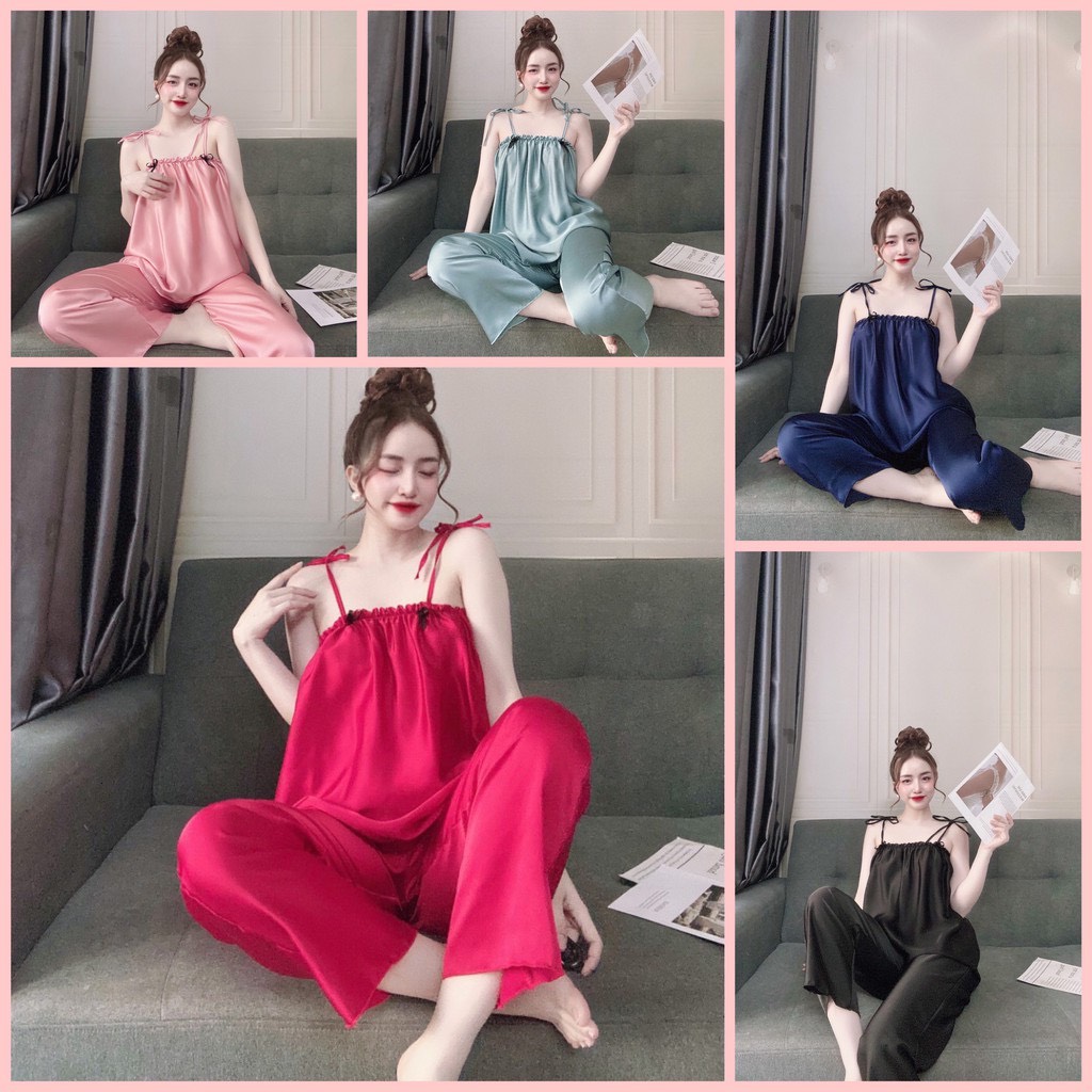 Đồ Bộ Lụa 2 Dây Nữ, Bộ Mặc Nhà 2 Dây Nữ Lụa Satin cột vai, Freesize 40_58kg, tùy chiều cao