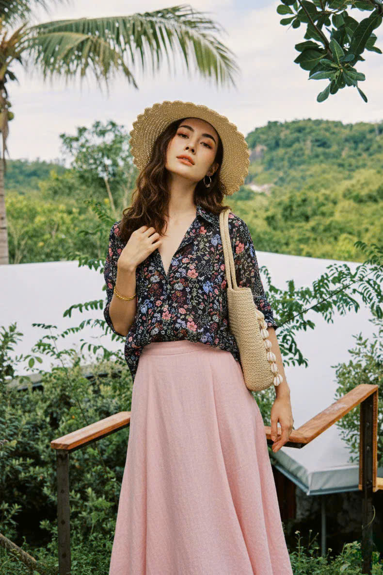 Áo Sơ Mi Hoa Điểm Ngọc, Áo Sơ Mi Tay Dài Nữ Chiffon Voan Hoa Cổ Điển Vintage thời trang thiết kế Hity Top171