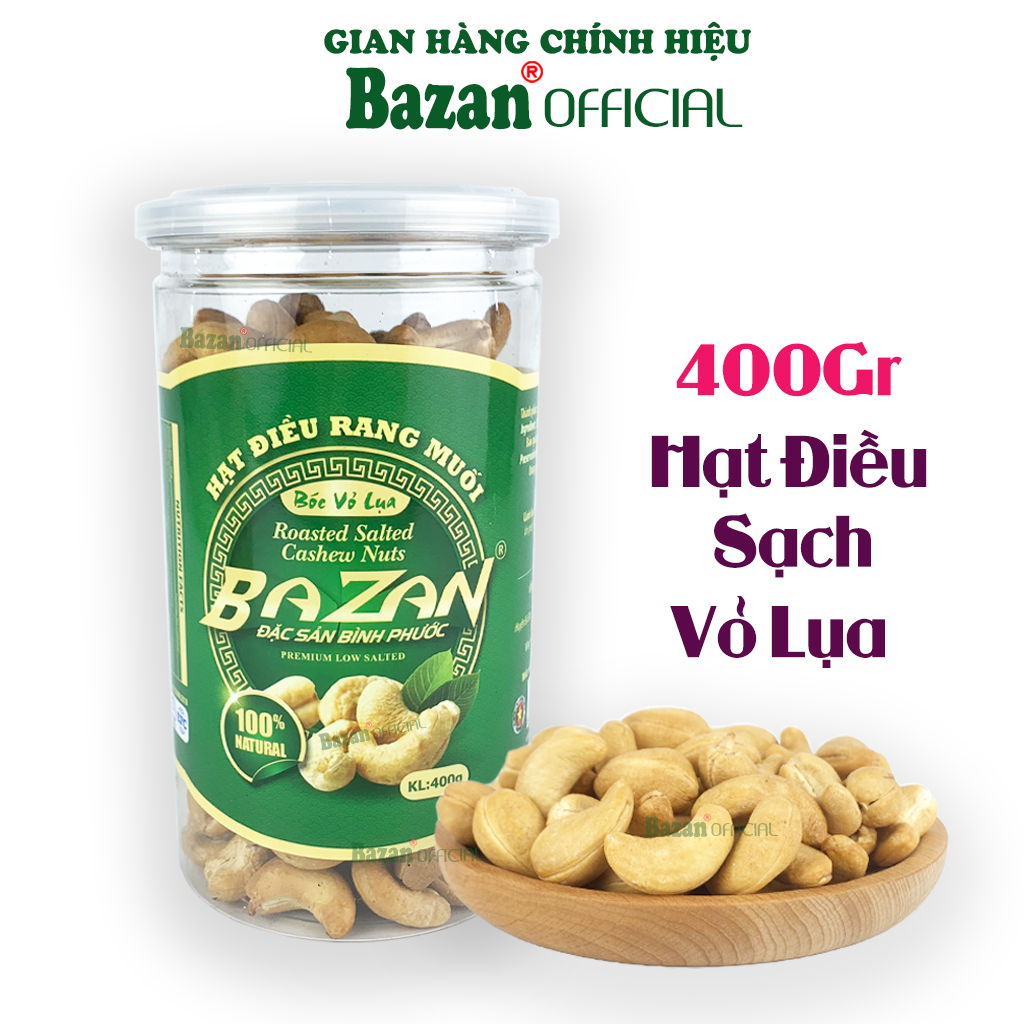 Hạt điều rang muối Bazan Bình Phước nguyên hạt dinh dưỡng A+ loại 1 hộp 400g nắp bật sạch vỏ lụa