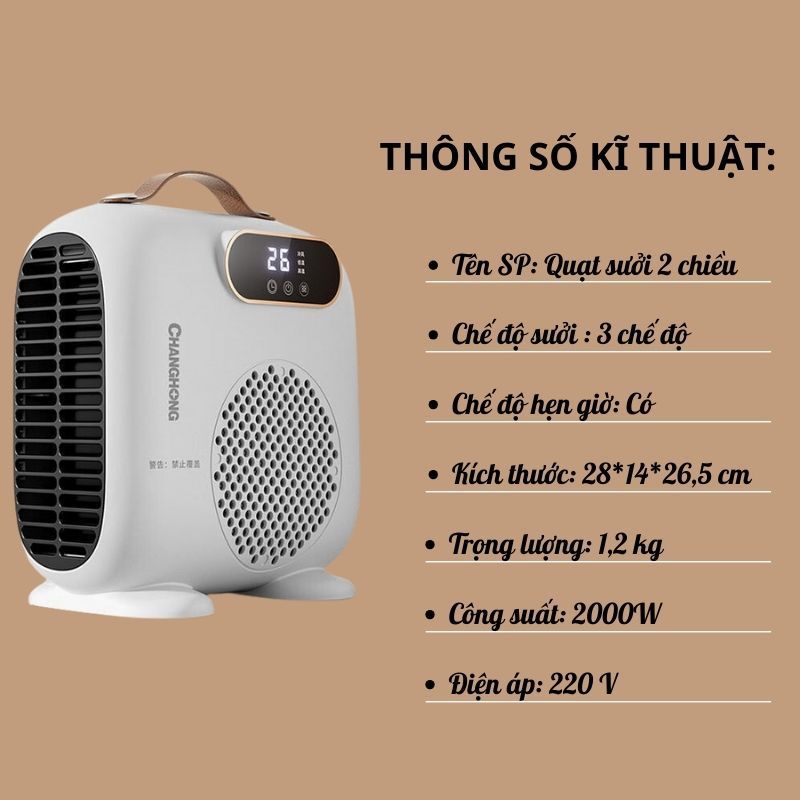 Quạt Sưởi Gốm Mini, Máy Sưởi Changhong 2000W Để Bàn Cao Cấp Làm Ấm Nhanh Sấy Khô Quần Áo Màn Hình Cảm Ứng Có Hẹn Giờ 3 Chế Độ Giúp Giữ Ấm Cơ Thể Chống Cảm Lạnh Trong Mùa Đông - Hàng Chính Hãng