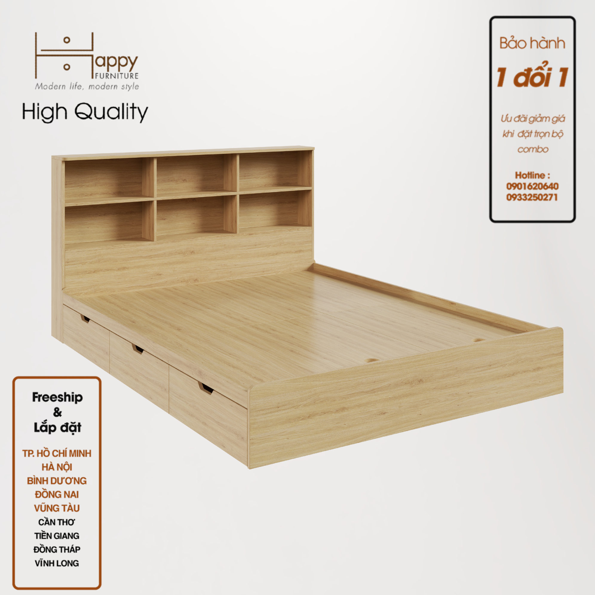 [Happy Home Furniture]  BONY, Giường ngủ 3 ngăn kéo - kệ đầu giường, GNG_021, GNG_022, GNG_023, GNG_024