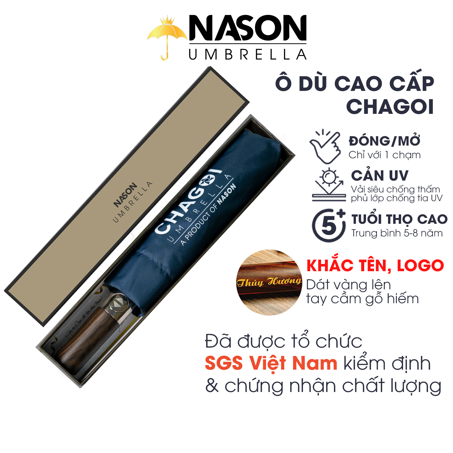 Dù tự động gấp gọn Nason Umbrella Chagoi cán gỗ hiếm, khắc tên, logo dát vàng, dù gấp gọn che nắng che mưa chống tia UV