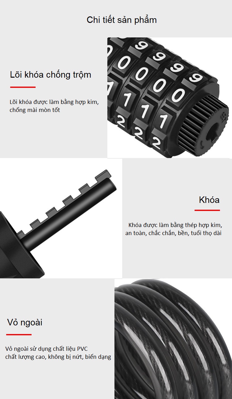 Khóa dây mật khẩu chống trộm xe máy, xe đạp