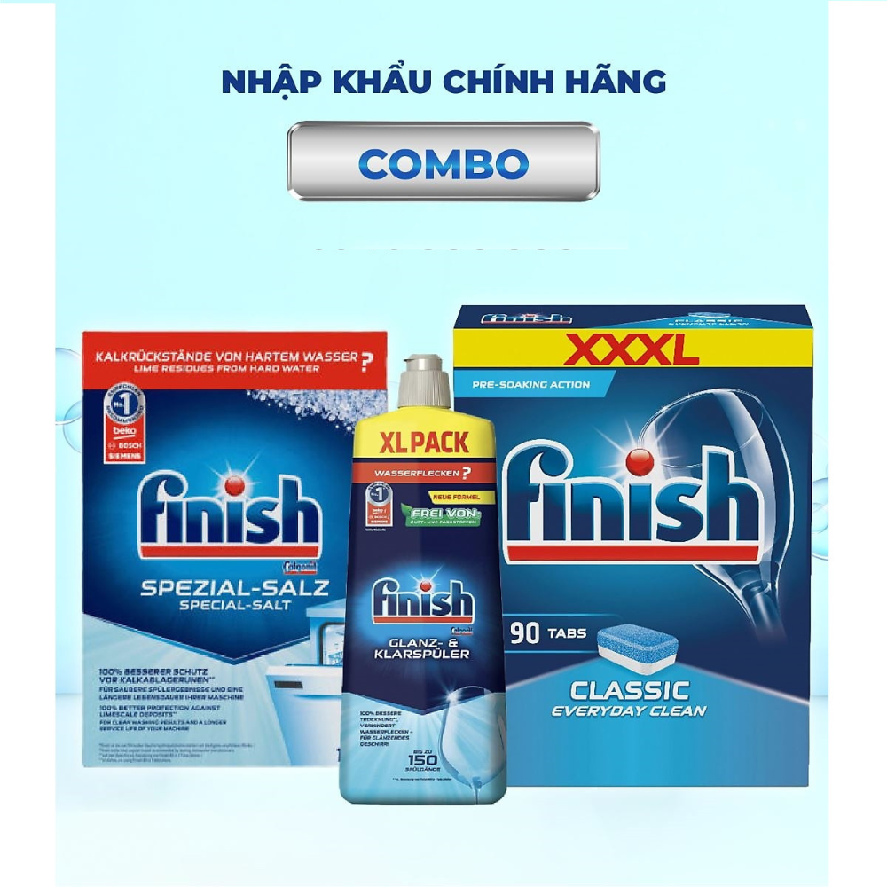 combo viên rửa bát finish 100 viên + nước làm bóng finish 750ml + muối rửa bát finish 1,5kg dùng cho máy rửa bát