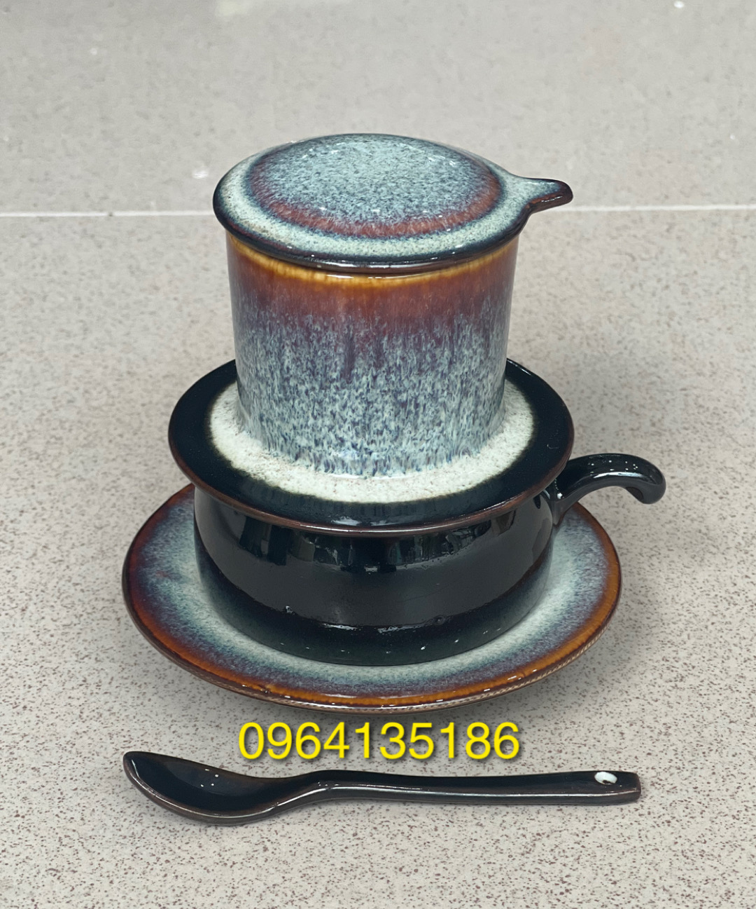 Bộ phin pha cà phê gốm sứ Bát Tràng men hoả biến trắng cao cấp,gồm mẫu phin tách đĩa lõm