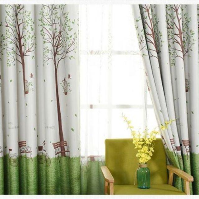 Rèm treo cửa mẫu cây xanh và lồng chim
