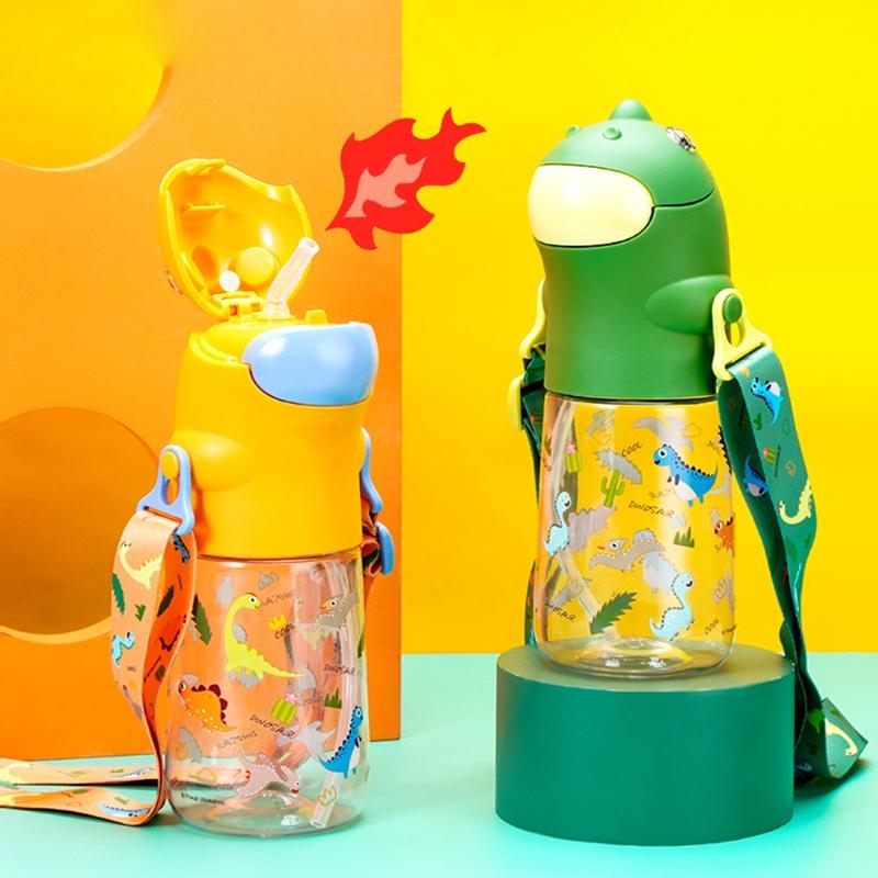560Ml Hoạt Hình Khủng Long Bé Bình Nước Có Ống Hút Dây Đeo Vai Học Ấm Siêu Tốc