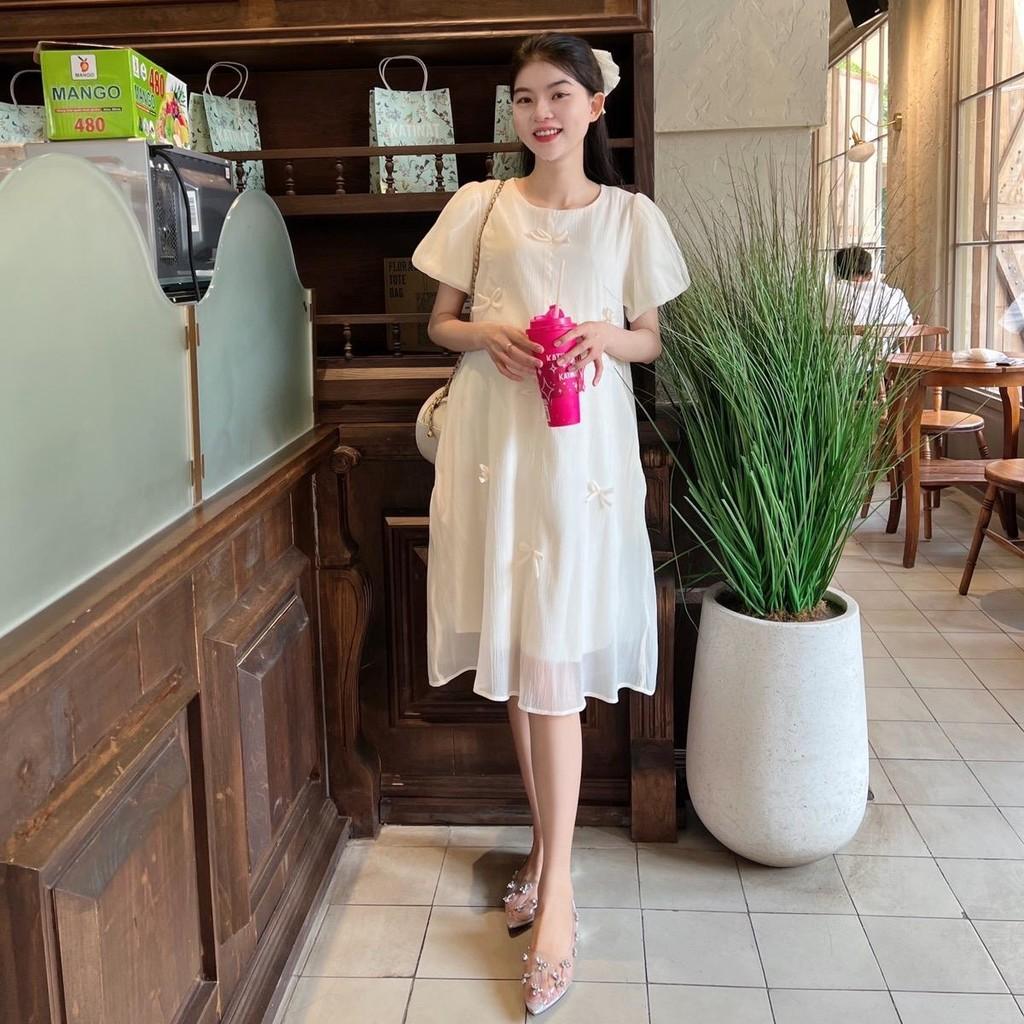 Đầm bầu tơ phom suông đính nơ nhẹ nhàng, dễ thương, sang chảnh - Hồng