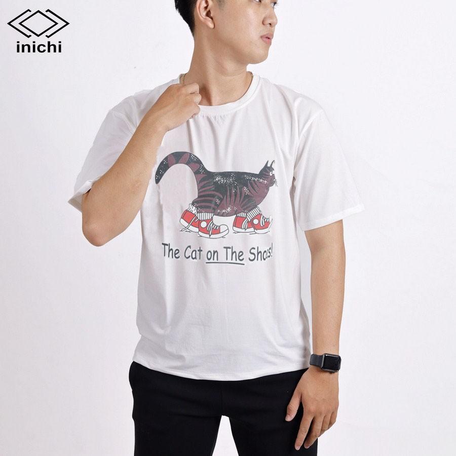 Áo thun INICHI unisex tay lỡ form rộng phong cách, in hình chú mèo ngố mang giày - IC651