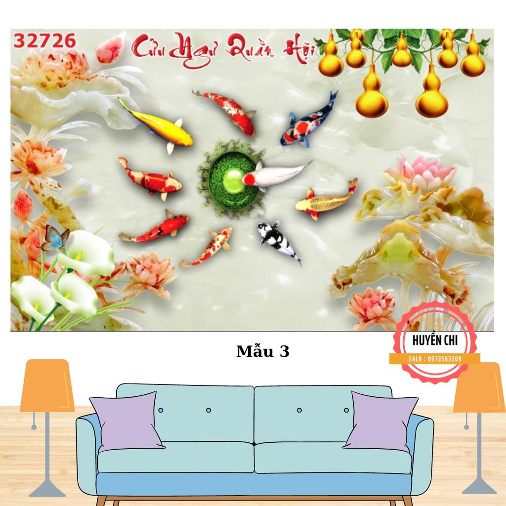 Tranh dán tường 3d trang trí phòng khách, tranh dán Cửu Ngư Hoa Sen, tranh Cá- Huyền Chi-Đặt theo kích thước yêu cầu