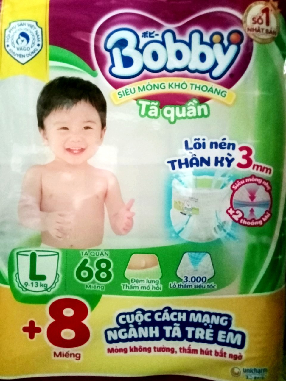 Tã quần Bobby - Đệm Lưng Thấm Mồ Hôi L68 (68 miếng) - Tặng 8 miếng trong gói