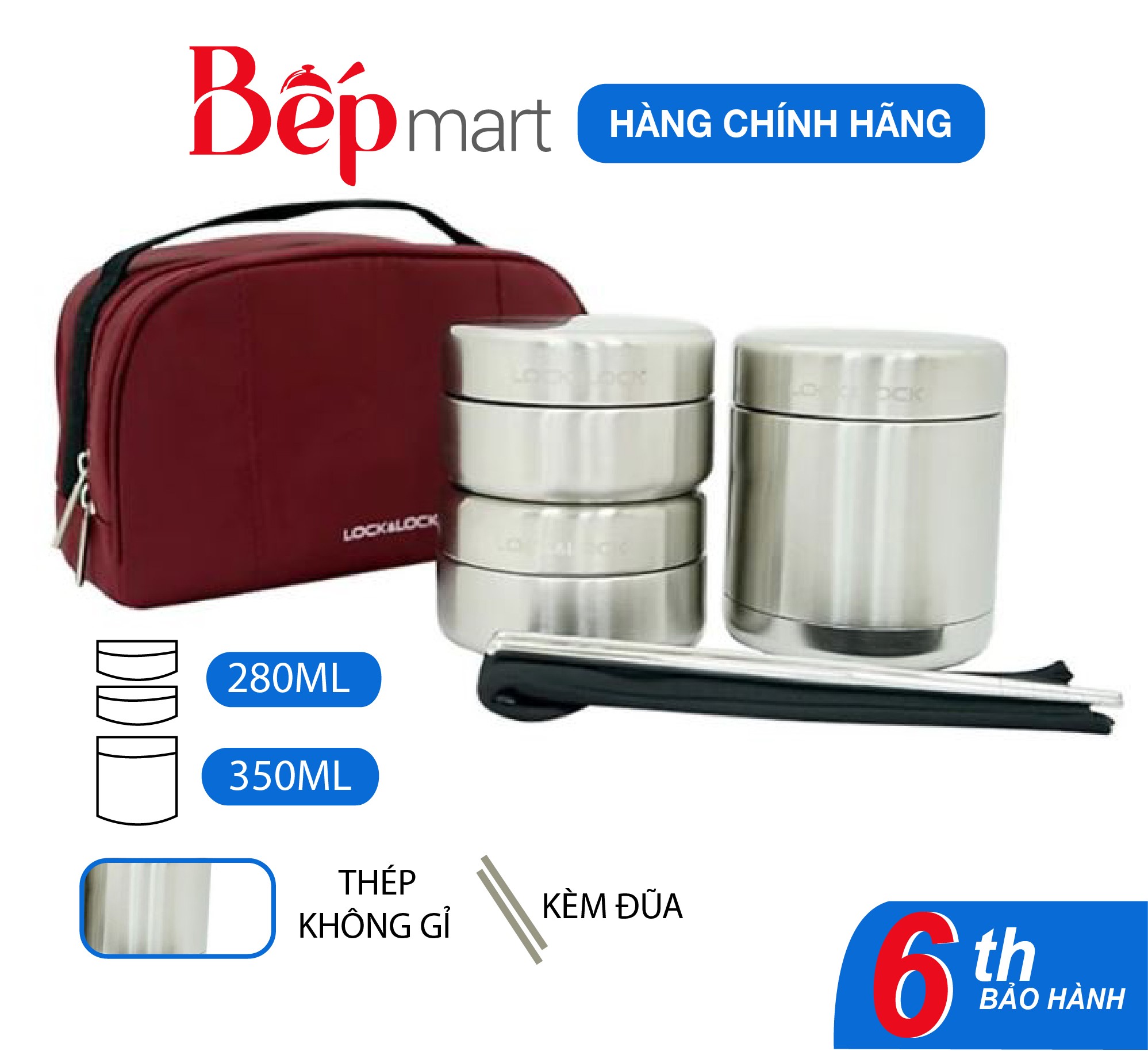 Bộ hộp cơm giữ nhiệt LocknLock LHC8015 dung tích 910ml, có túi đựng kèm đũa muỗng - Hàng chính hãng