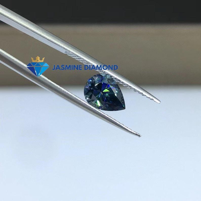 Kim cương nhân tạo Mỹ Moissanite giác cắt Pear màu xanh dương