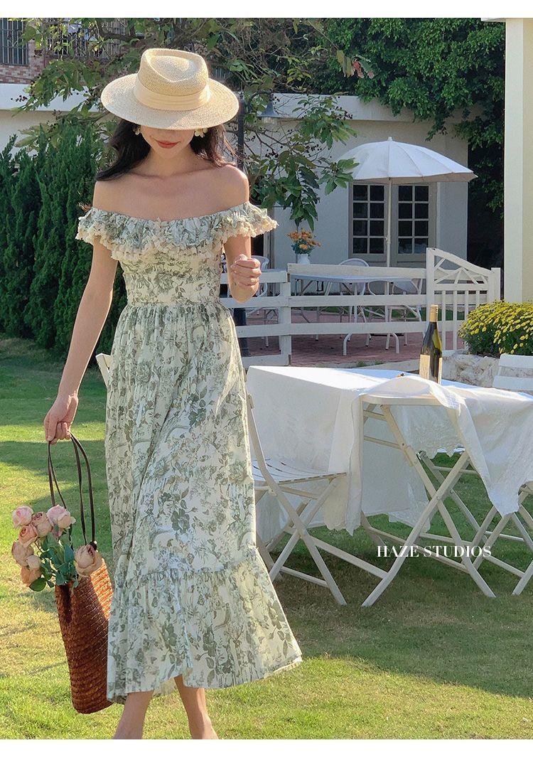TOBE1SHOP 2023 Xuân và mùa hè Pháp Vintage váy một chiều vai trà nghỉ váy hở vai tranh sơn dầu in đầm mùa xuân nữ