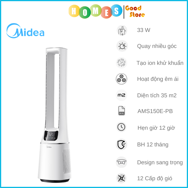 Quạt Không Cánh Midea AMS150E-PB Gồm 12 Cấp Độ Gió Lọc Ion Khử Trùng SPI Và Làm Sạch Không Khí Góc Quay 60 Độ - Hàng Nhập Khẩu