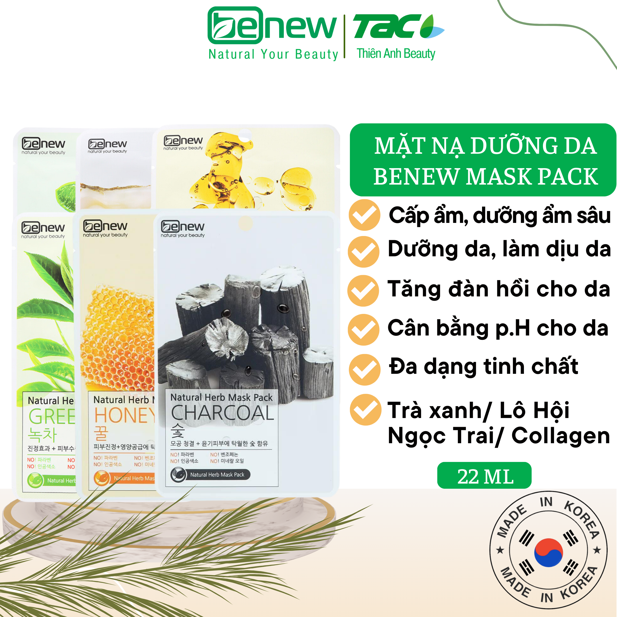 Đắp mặt nạ BENEW Natural Herb Mask Pack dưỡng da, cấp ẩm, làm dịu da, cân bằng p.H cho da 22ml
