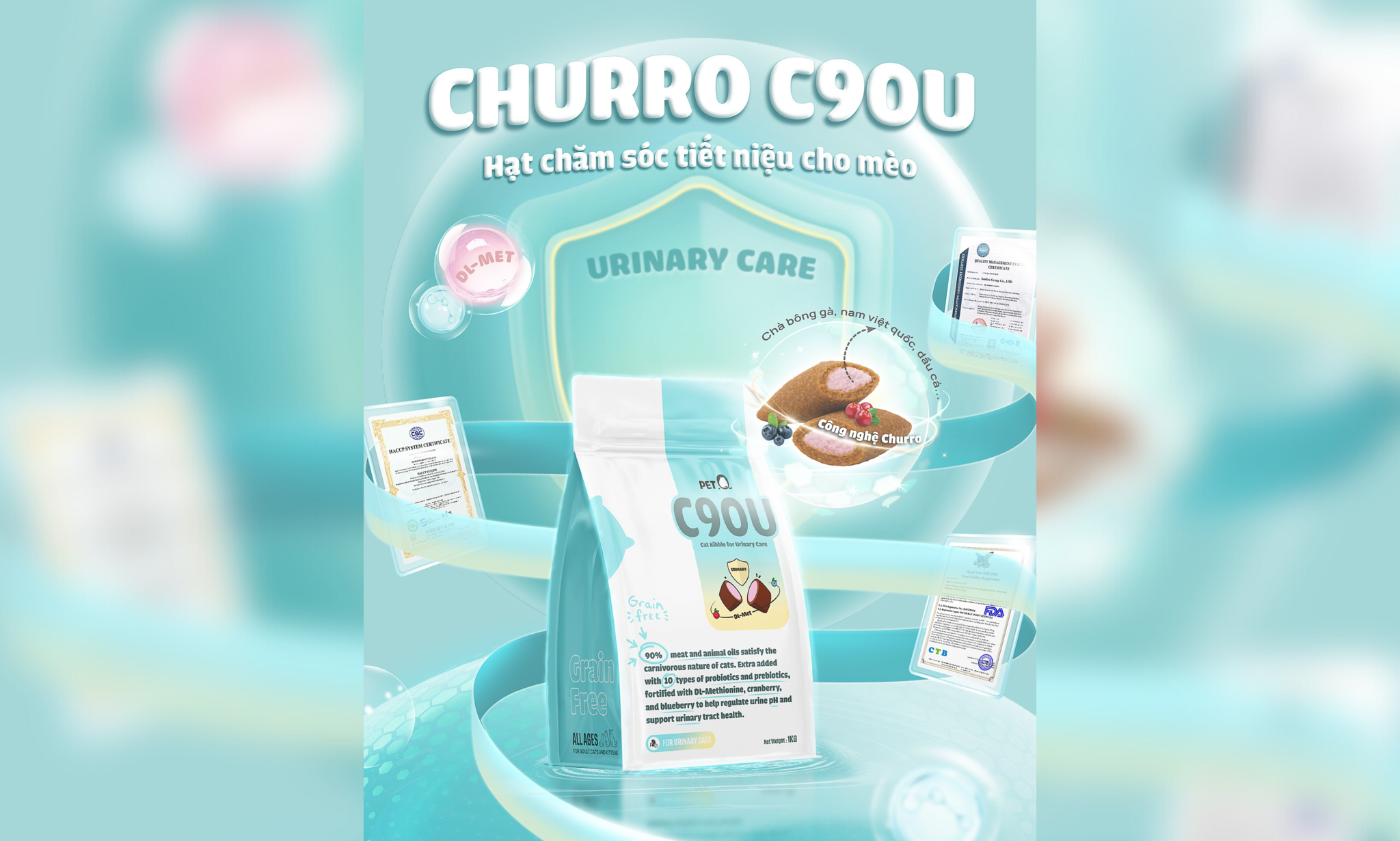 Túi 1kg Hạt PetQ Churro C90U (+ nhân Trái Cây) cho Mèo hỗ trợ Tiết Niệu