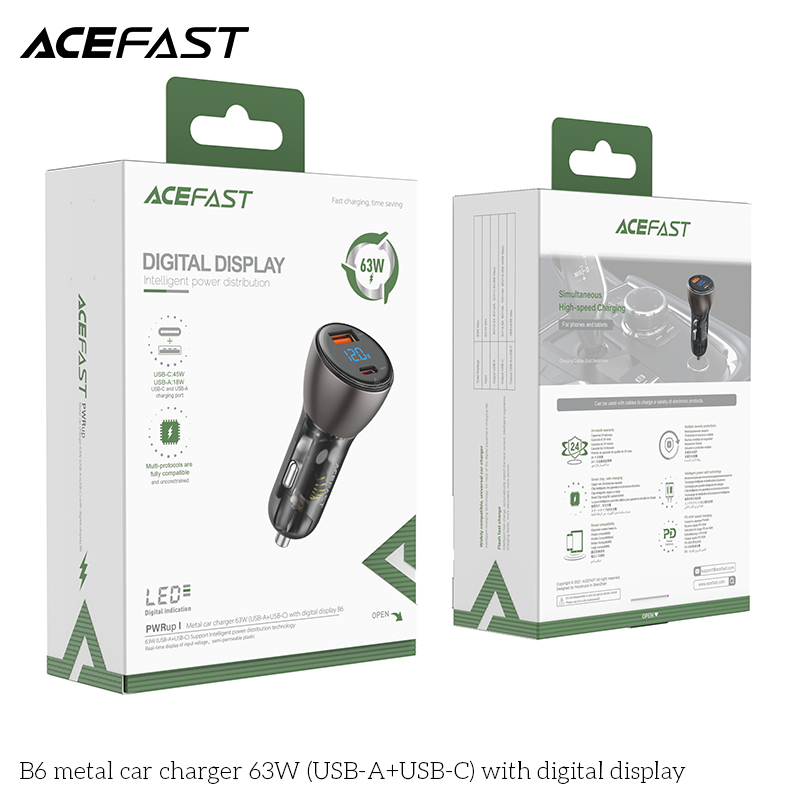 Sạc ô tô Acefast 63W 2 cổng USB-A + USB-C có đèn hiển thị - B6 Hàng chính hãng Acefast