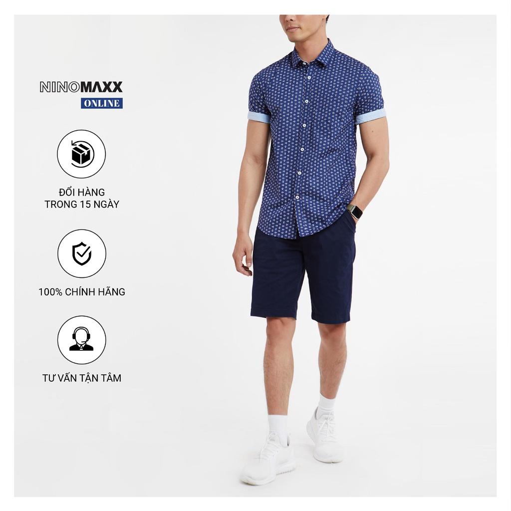Áo Sơ Mi Nam Ninomaxx tay ngắn màu xanh dương có hoa văn 100% cotton mã 2001006