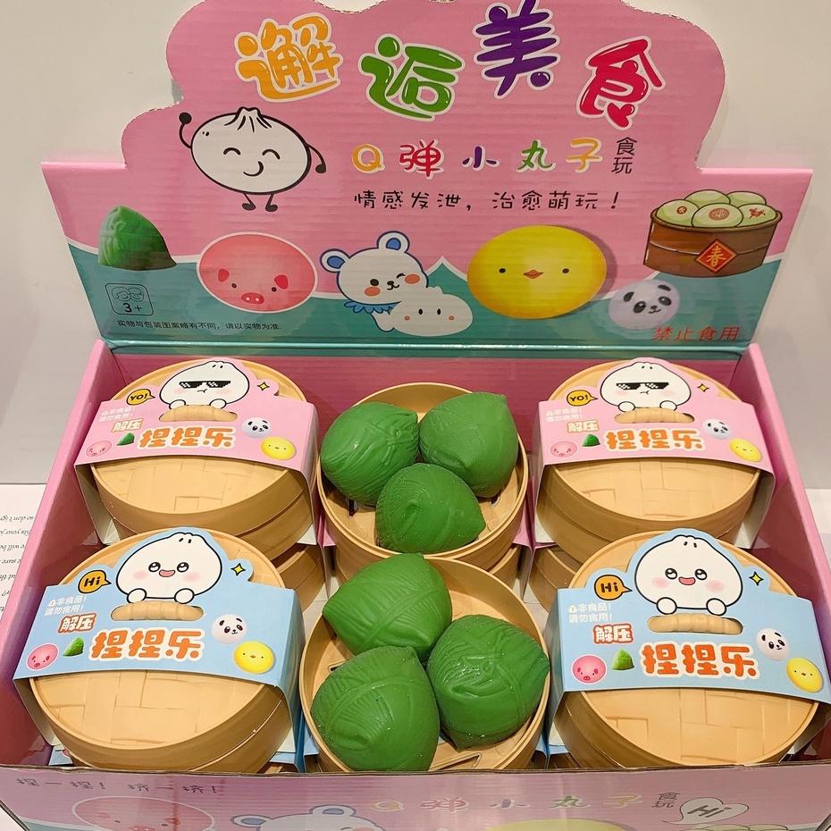 Bánh bao màn thầu squyshi mềm mại hộp 3 chiếc thỏ trắng gấu nâu quả đào squishy