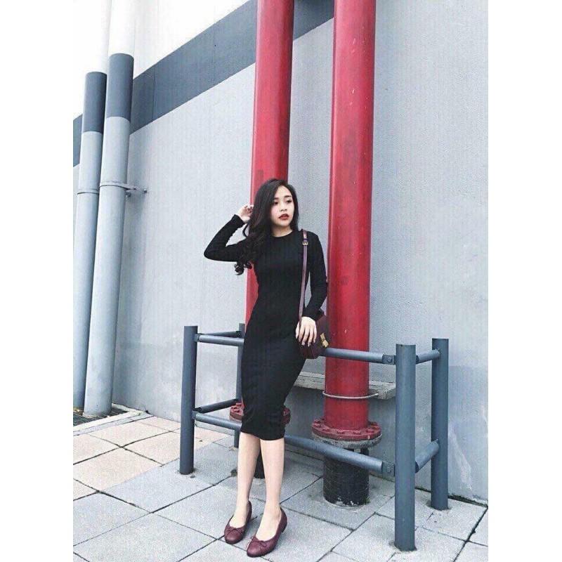 Váy body len tăm dài tay cổ tròn