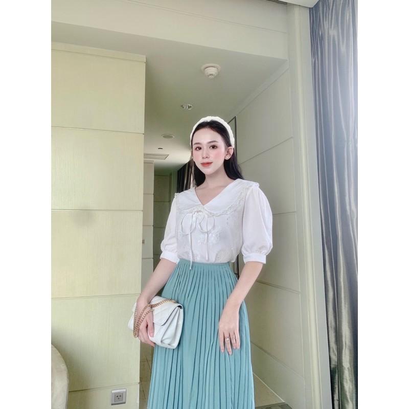 044 - SET ÁO TRẮNG VIỀN REN CHÂN VÁY XANH DẬP LI