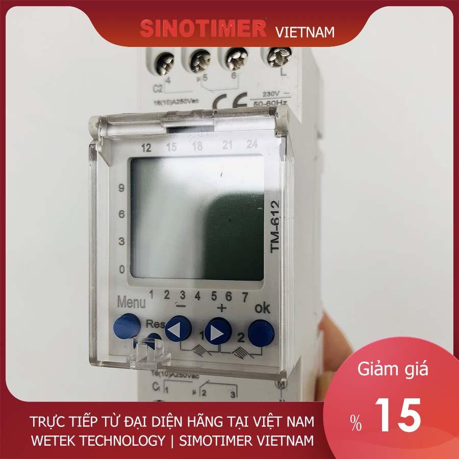 Timer 24h 7 ngày, 2 kênh độc lập, 2NO+2NC, 16A, 220V màn hình LCD, đa chức năng, Sinotimer TM-612, hàng xuất châu Âu