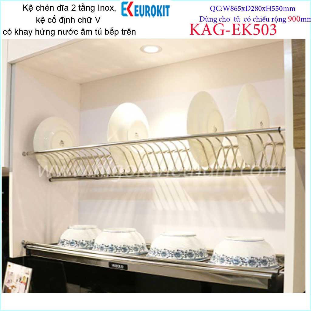 Kệ chén dĩa âm tủ chữ V KAG-EK503-90cm, Kệ chén bát 2 tầng Eurokit inox bóng cao cấp