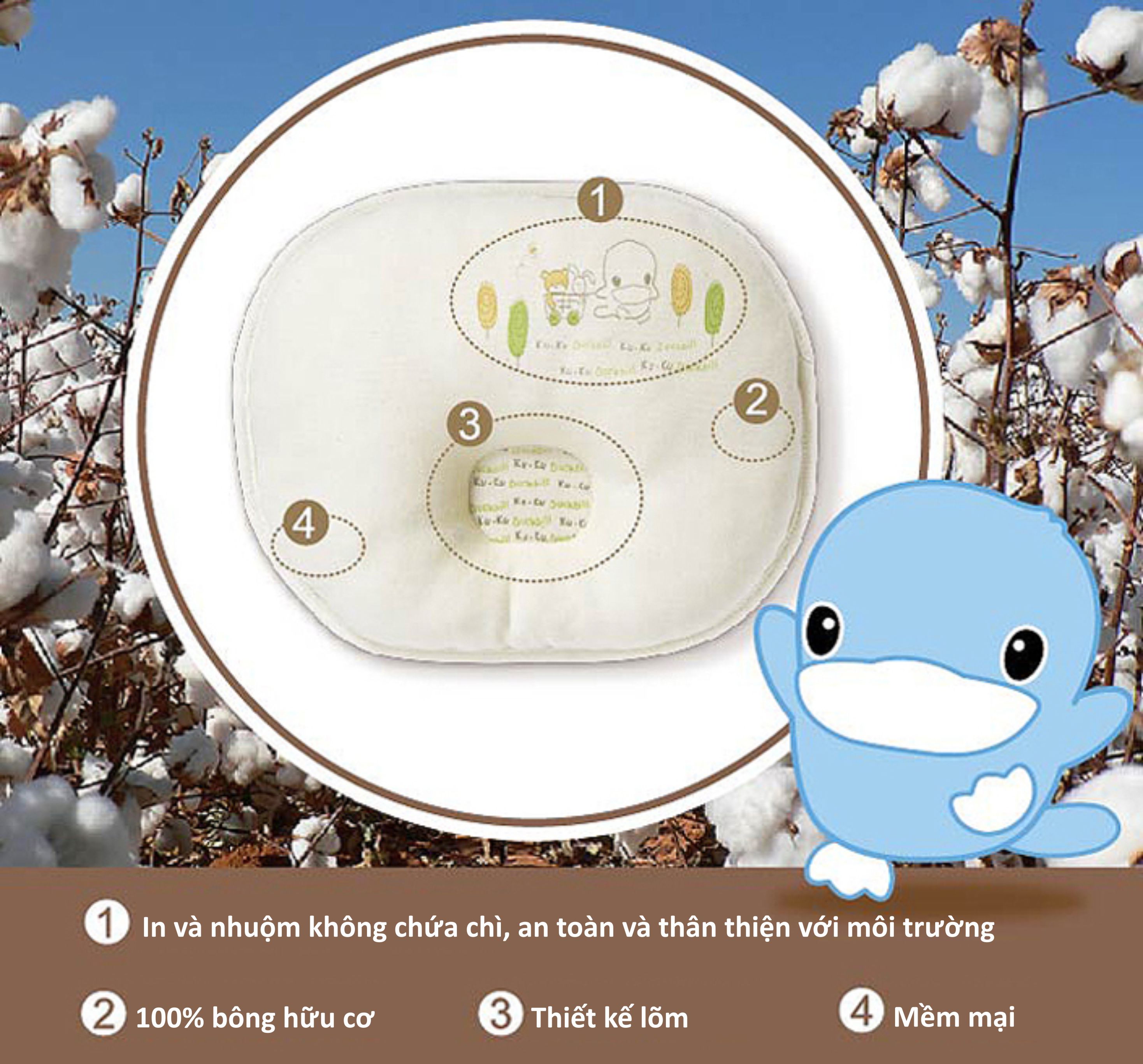GỐI LÕM CHỐNG BẸP ĐẦU CHO BÉ TỪ SƠ SINH BẰNG VẢI ORGANIC KUKU KU2052 - SIZE 23x28 CM