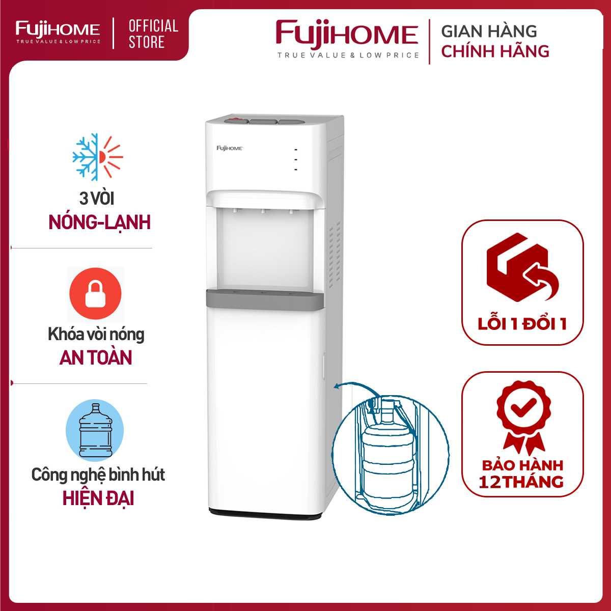 Cây nước nóng lạnh bình âm nhập khẩu Fujihome WD606C, máy nước nóng lạnh bình hút 3 vòi, khóa vòi nóng an toàn tự động ngắt tiết kiệm điện - Hàng chính hãng