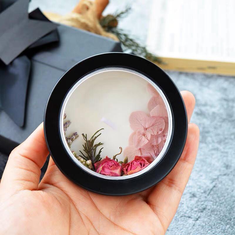 (Set hộp quà) Nến thơm hộp thiếc hoa khô thật sáp nến tự nhiên không khói