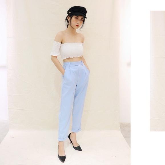 KIOBI - Áo kiểu CROPTOP thun chỉ bo tay rớt và ngực, vải cotton lụa - KIA1811115