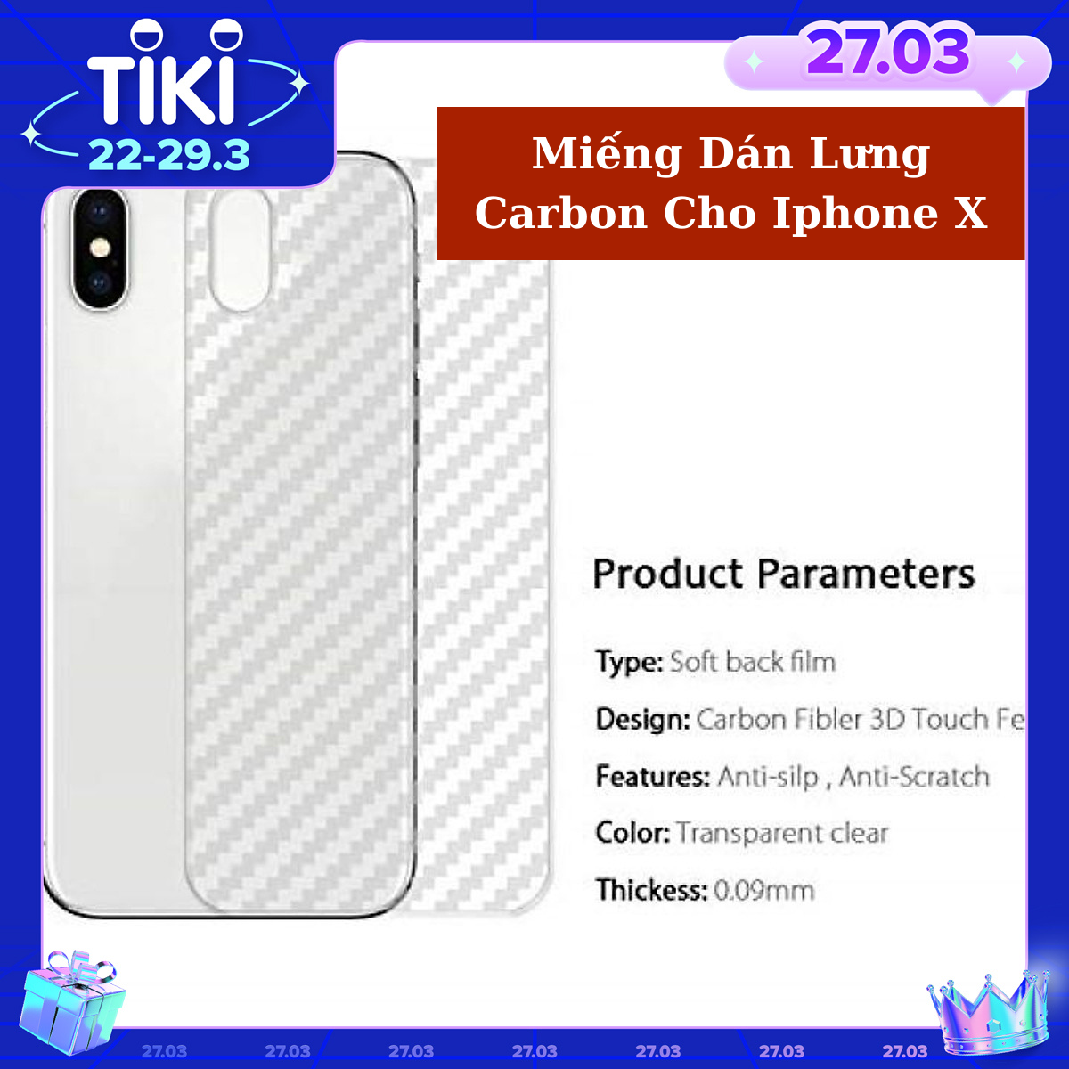 Miếng dán lưng chống trầy cho iPhone X vân Carbon