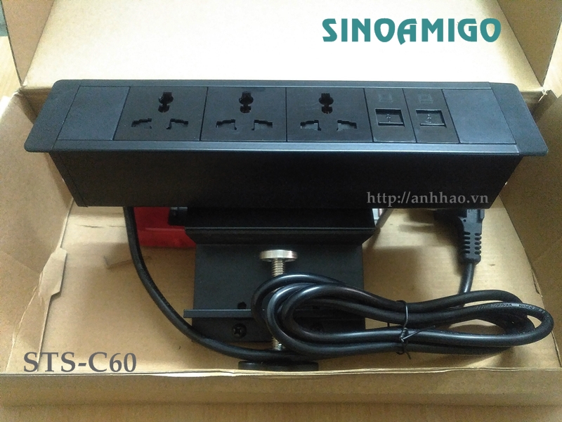 Ổ điện gắn bàn Sinoamigo STS-C60 nhập chính hãng (3 ổ điện đa năng, 2 ổ RJ45 Cat6)