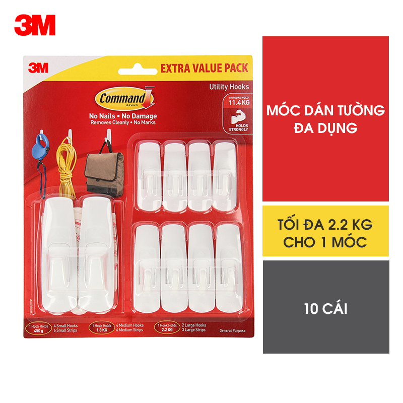 Bộ 10 Móc dán tường Command 3M chịu lực 2.2kg - Gói siêu ưu đãi, độ bền cao, bám cực chắc, tháo cực dễ 17008EXVP