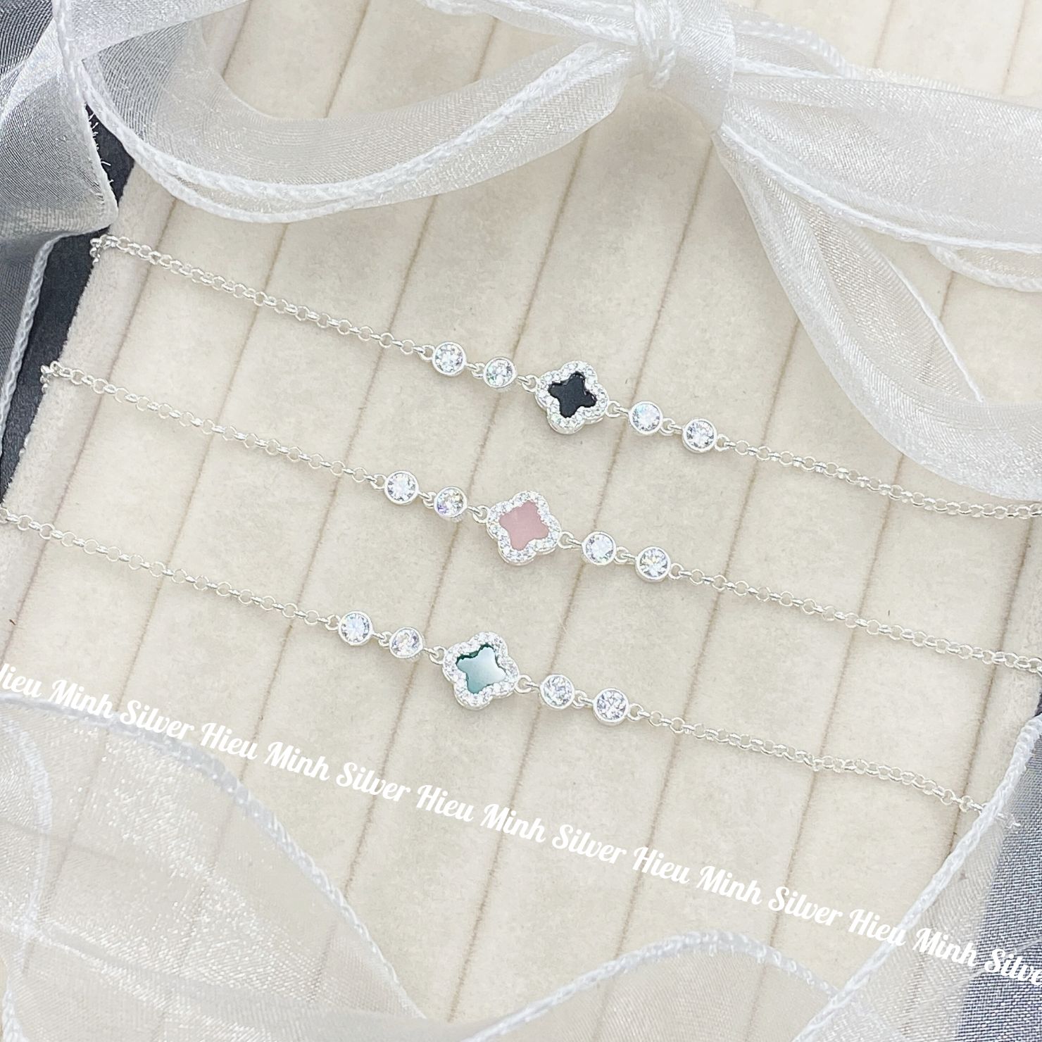 Lắc Tay Nữ Bạc Ta Mix Cỏ Bốn Lá Nhiều Màu BẠC HIỂU MINH LTU646