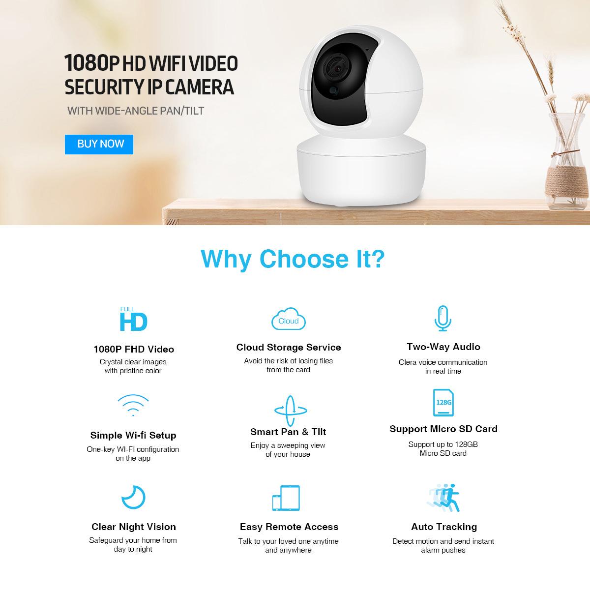Máy quay 360\ 176; đồ theo dõi WiFi trong nhà, FHD 1080P, 2.4GHz máy ảnh WiFi, Night vision, hấp dẫn động cơ, hai chiều âm thanh, tương thích