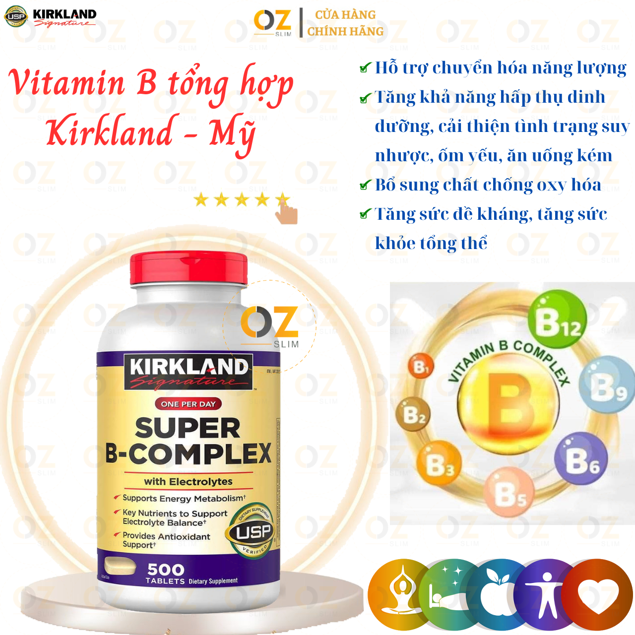 Vitamin B Kirkland Super B-Complex hỗ trợ chuyển hóa năng lượng, tăng hấp thụ dinh dưỡng, cải thiện suy nhược, thêm chất chống oxy hóa - OZ Slim Store