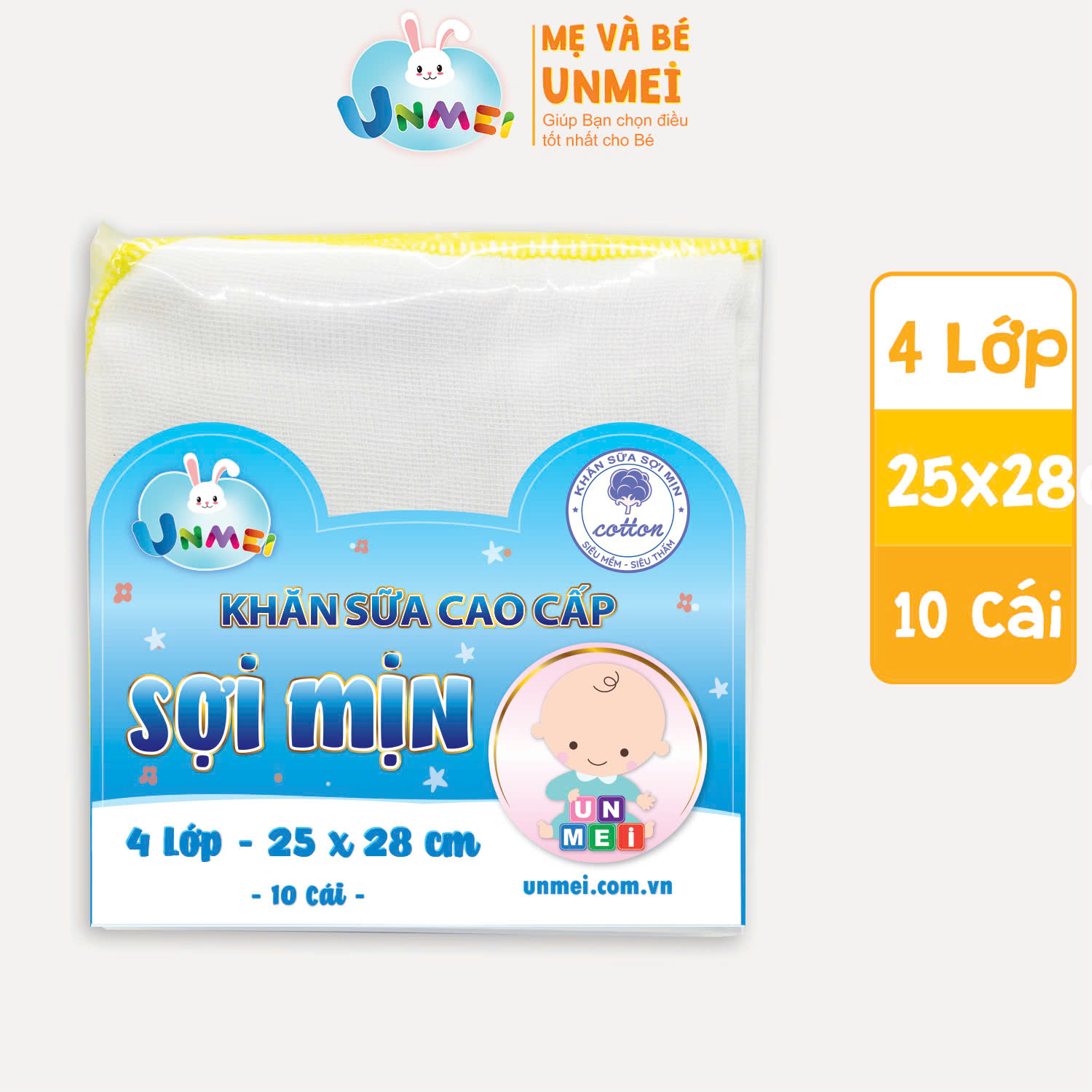 Khăn Sữa Unmei Xuất Nhật Sợi Mịn 100% Cotton, Dày 4 Lớp Dành Cho Bé Từ Sơ Sinh (Kích Thước 25x28cm)