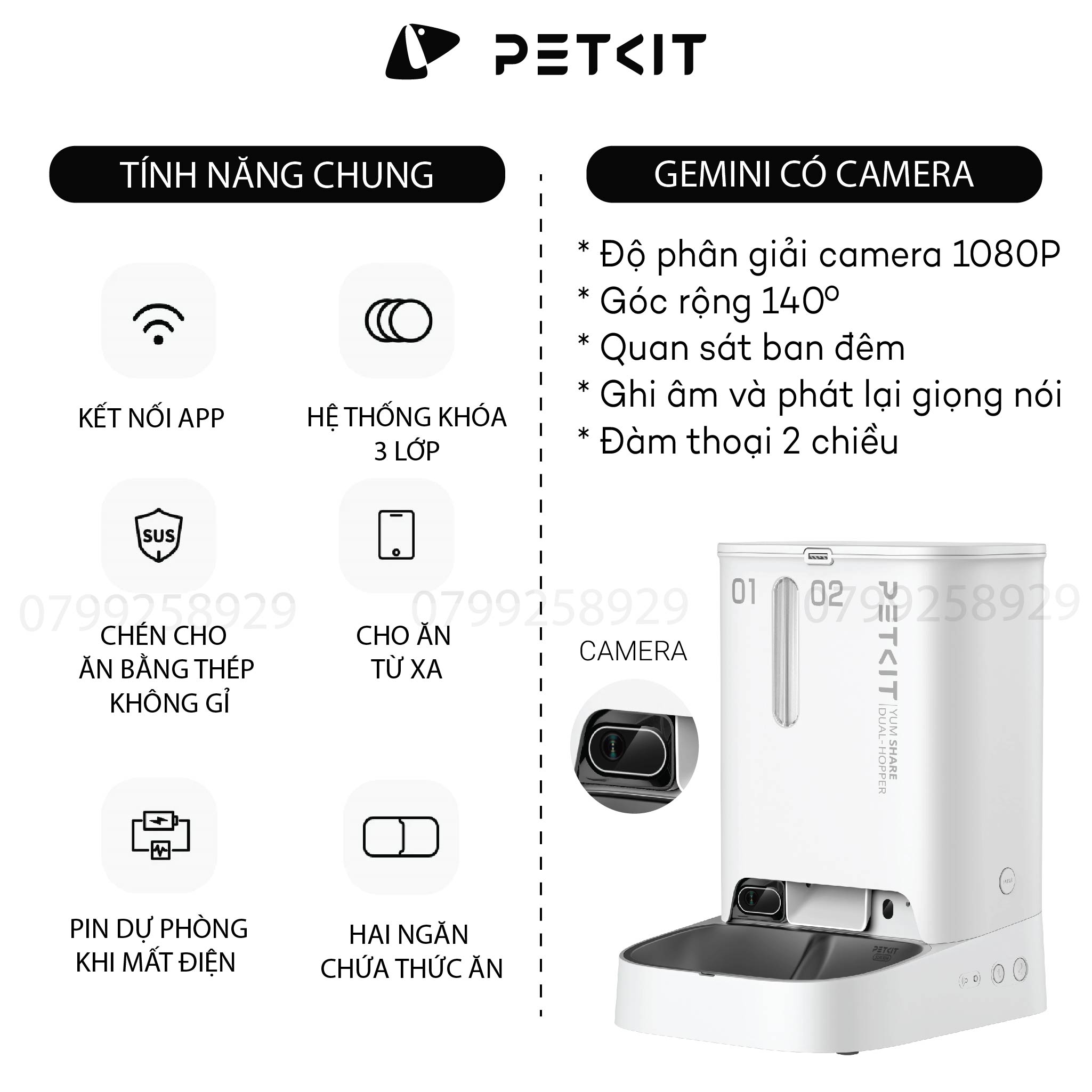 [BH 12T CHÍNH HÃNG] Máy Cho Chó Mèo Ăn Có CAMERA, Hai Ngăn Petkit Gemini YumShare Dung Tích 5 Lít