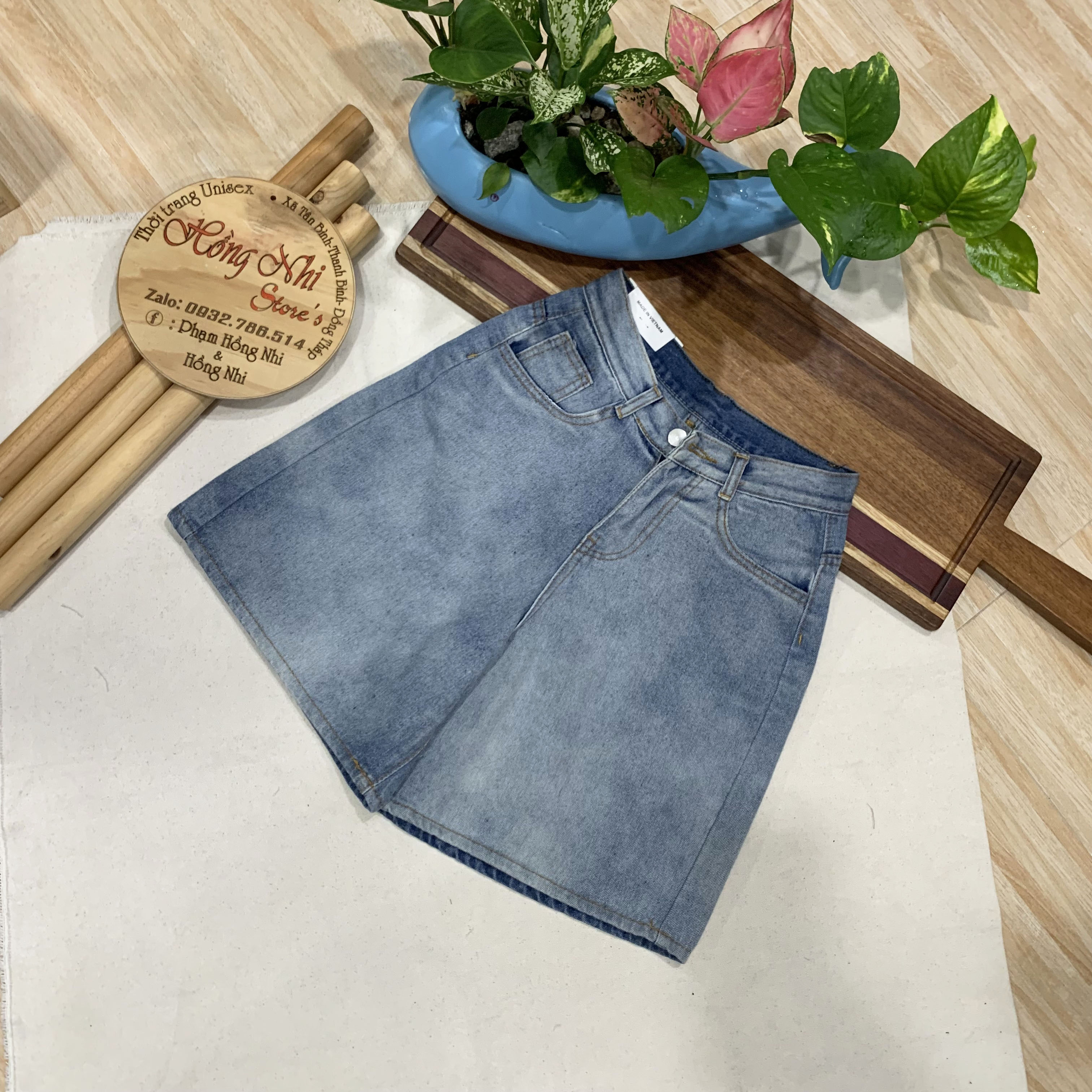 Quần Short Jean Ngố Đùi Trơn Cạp Cao Ống Rộng Ulzzang - MM