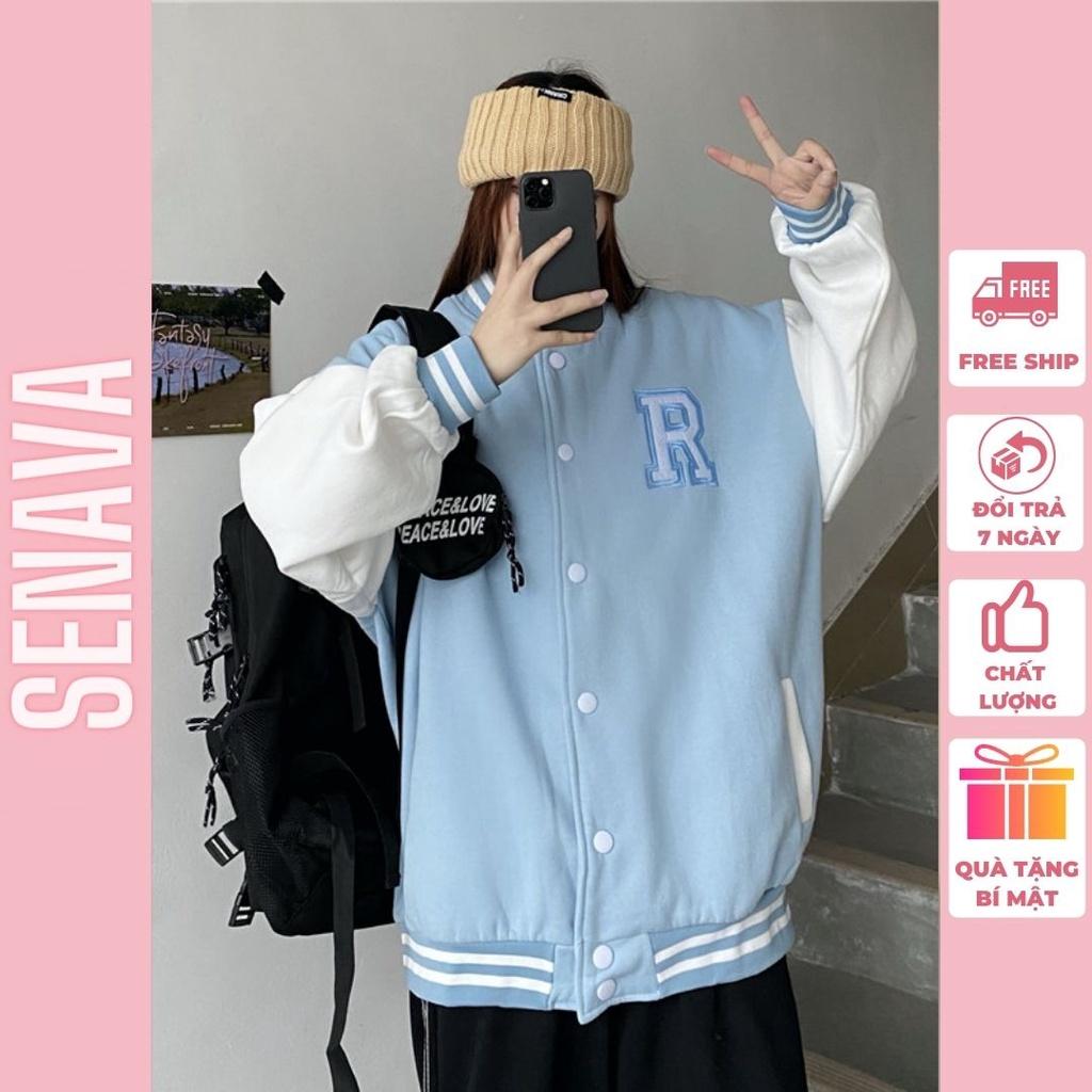 Áo khoác nỉ cardigan nữ chữ R bomber form rộng unisex SENAVA