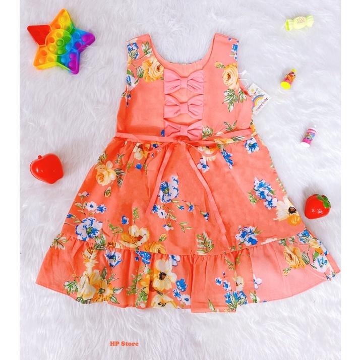 Đầm Váy Bé Gái Size 7-23Kg, 5 Tháng Đến 6 Tuổi Hoa Cam,Kết 3 Nơ, Thiết Kế