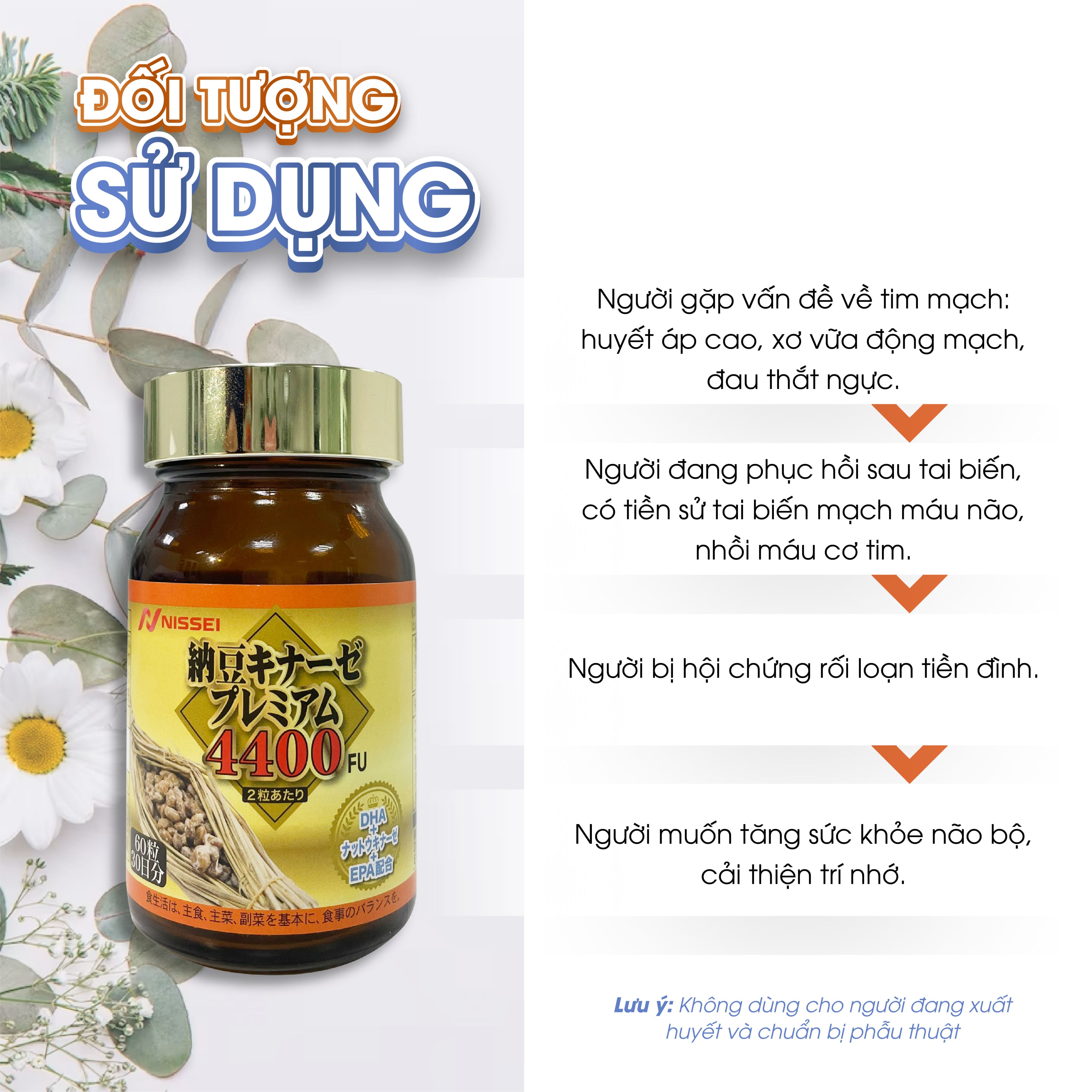 Viên phòng ngừa đột quỵ và tai biến Nattokinase 4400FU. Lọ 60 Viên. Chính hãng Nhật Bản. Tăng cường tuần hoàn máu não