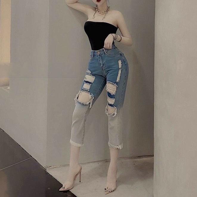 Quần jean 9 TẤC BIGSIZE Lưng cao Lai Tua, Rách Loang Bụi cực ngầu, co dãn mạnh dành cho người béo Hottrend Moliruan